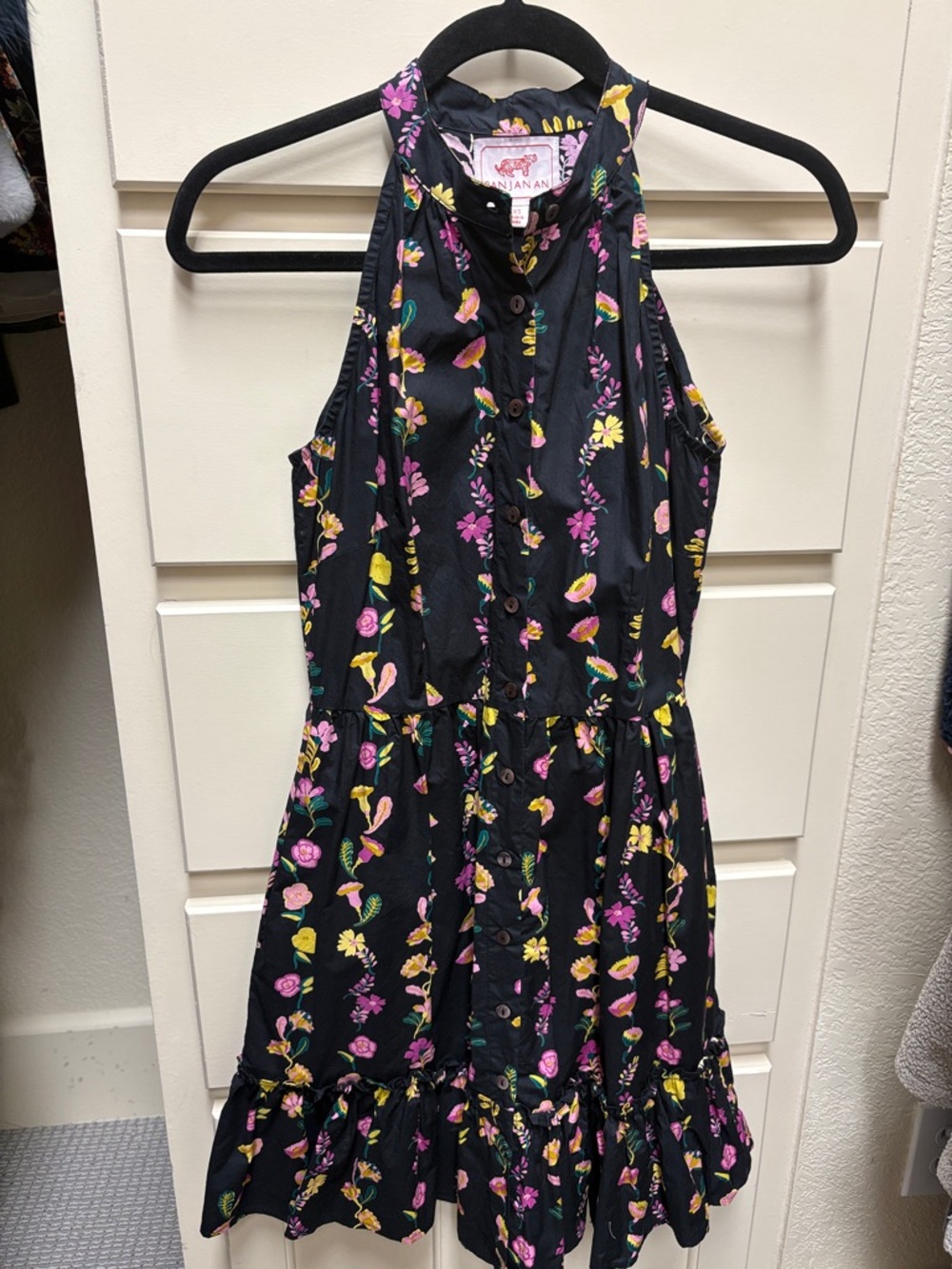 Banjanan Black Floral Button-Up Halter Dresd